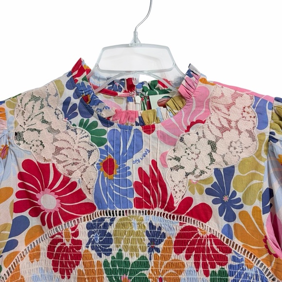 Farm Rio Sunny Daisies Smocked Peplum Crop Top S Multicolor Boho Lace Festival - Picture 3 of 8